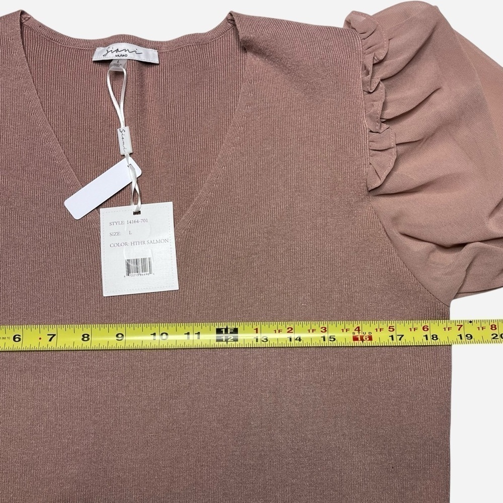 NEW Sioni Milano Mixed Media Ruffle Sleeve Blouse L Soft Knit Heather Salmon - Picture 7 of 12